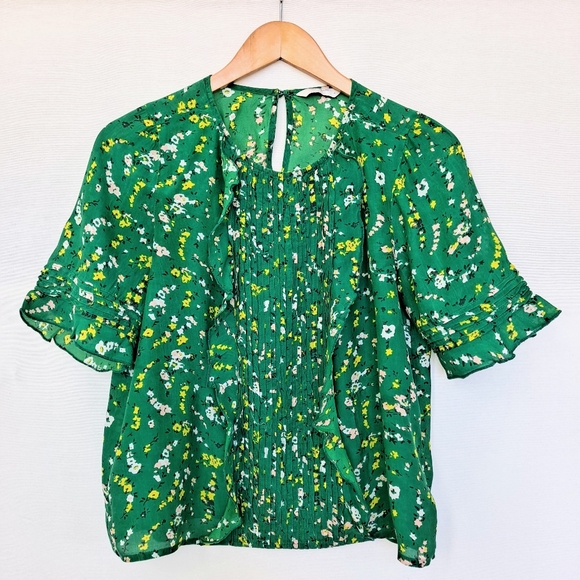 Lucky Brand Green Floral Print Cropped Ruffle Front Top szM - Picture 2 of 12